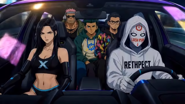 Characters from Smile State riding in a car